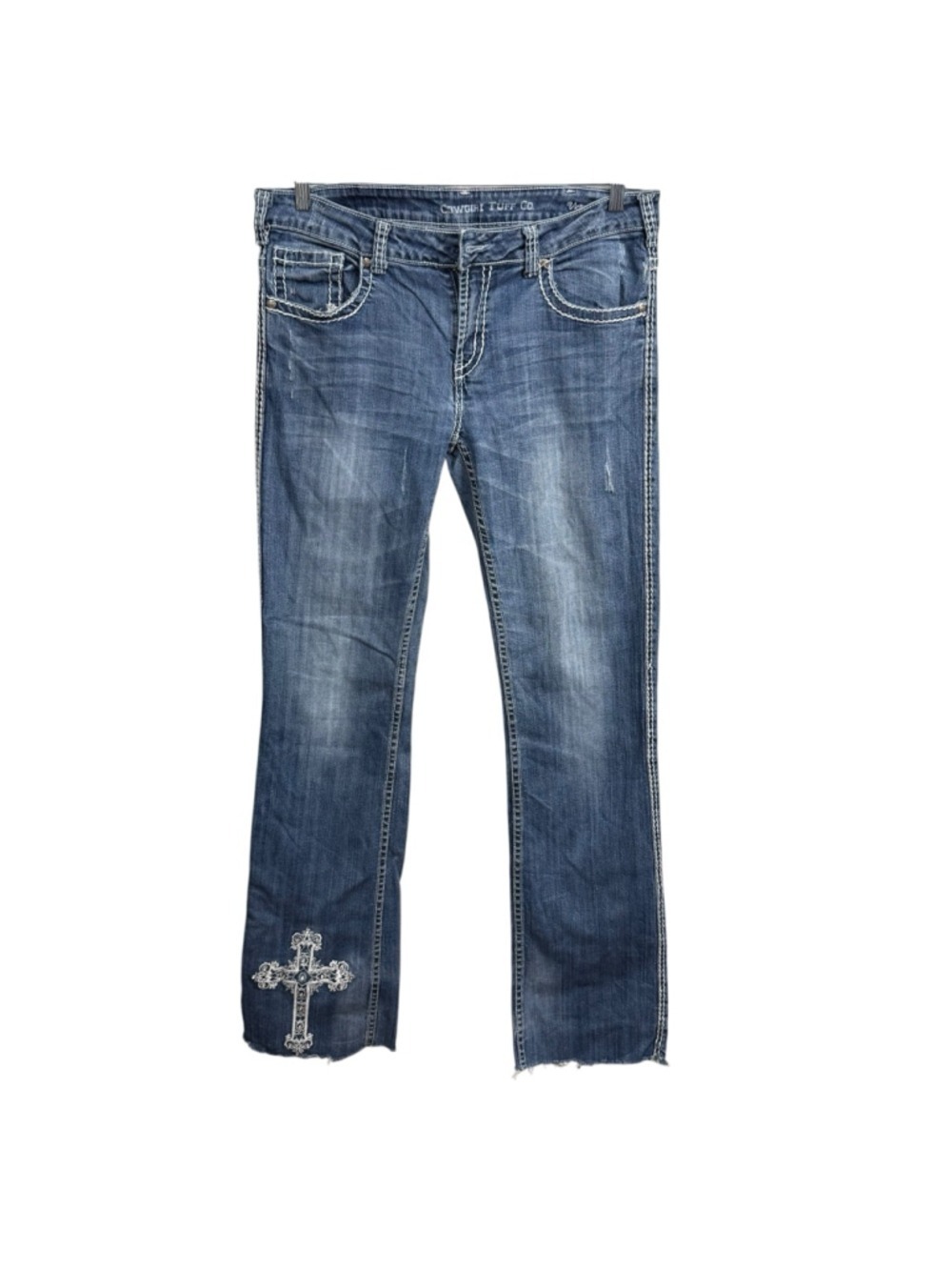 Cowgirl Tuff Victory White Cross Embroidered Bootcut Jeans 33x37 - Picture 1 of 9